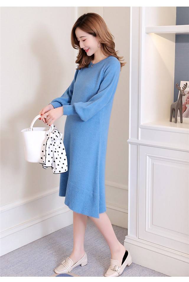 伊悠儿 孕妇秋冬新款时尚潮妈宽松纯色毛衣针织裙圆领中长款孕妇毛衣